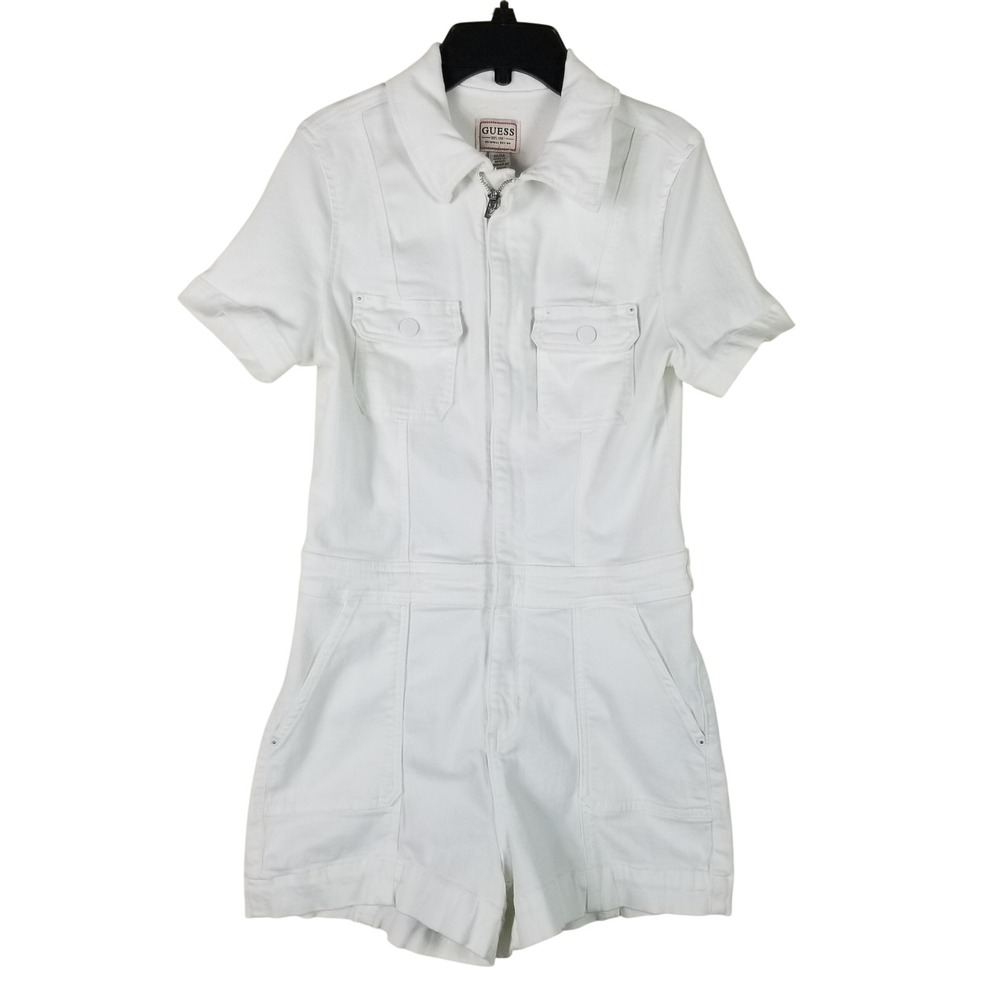 Guess Denim Romper Women Medium White Zip Front W2GD89D3AF4 Utility Short Sleeve
